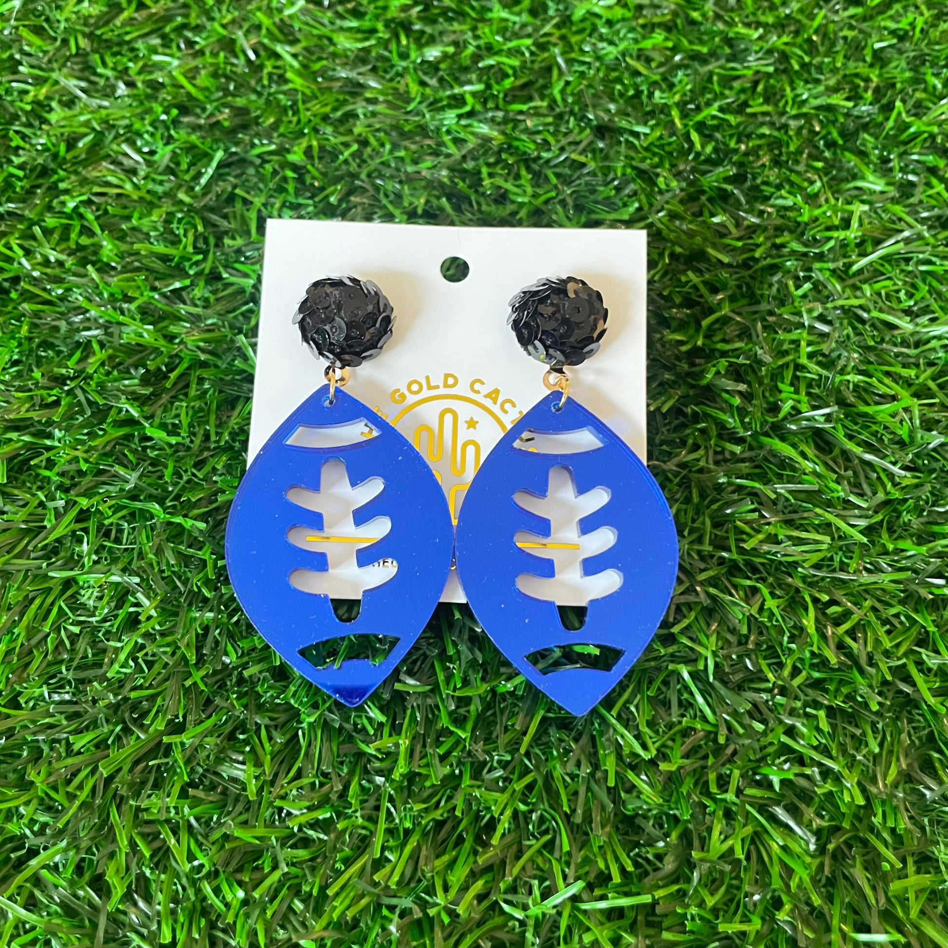 blue and black football earrings