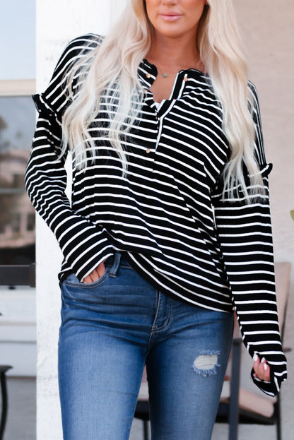 Emryn Striped Ruffled Buttoned Long Sleeve Top