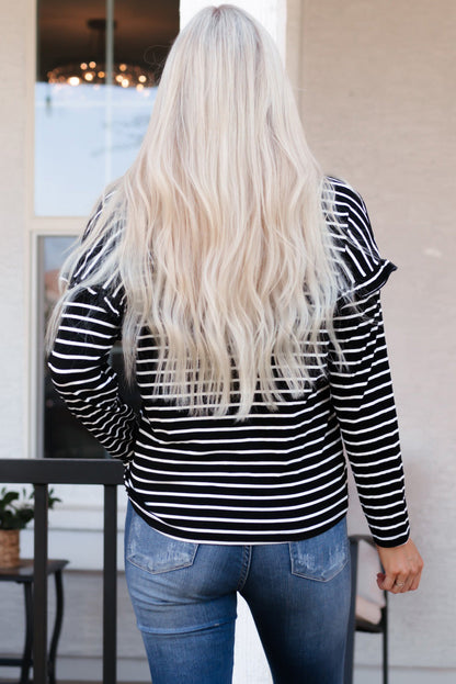 Emryn Striped Ruffled Buttoned Long Sleeve Top