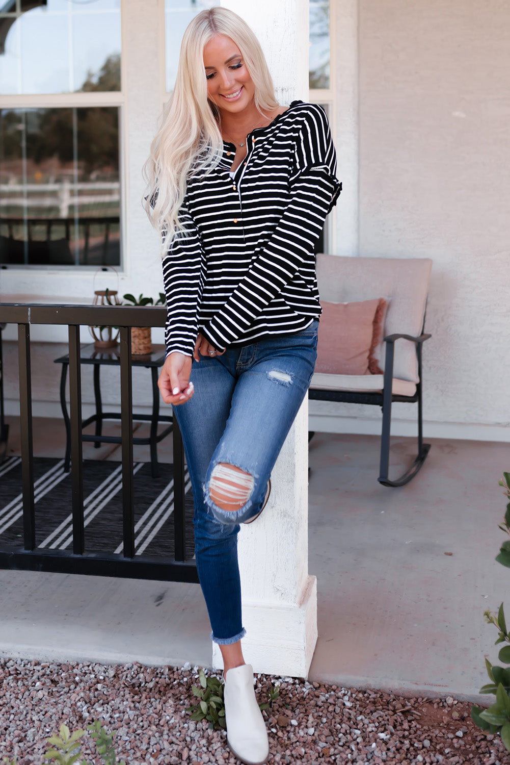 Emryn Striped Ruffled Buttoned Long Sleeve Top