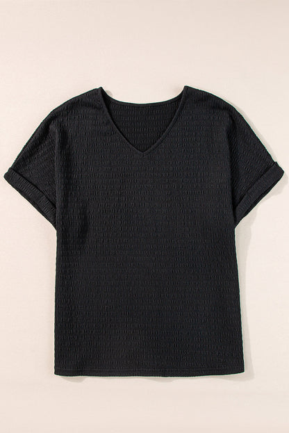 Siena Textured Rolled Sleeve V Neck Tee - Threaded Pear