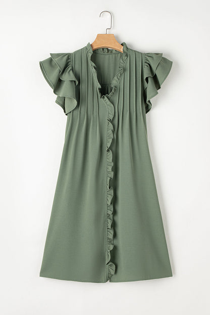 Pearl Ruffle Sleeve V Neck Frilled Shift Dress - Threaded Pear