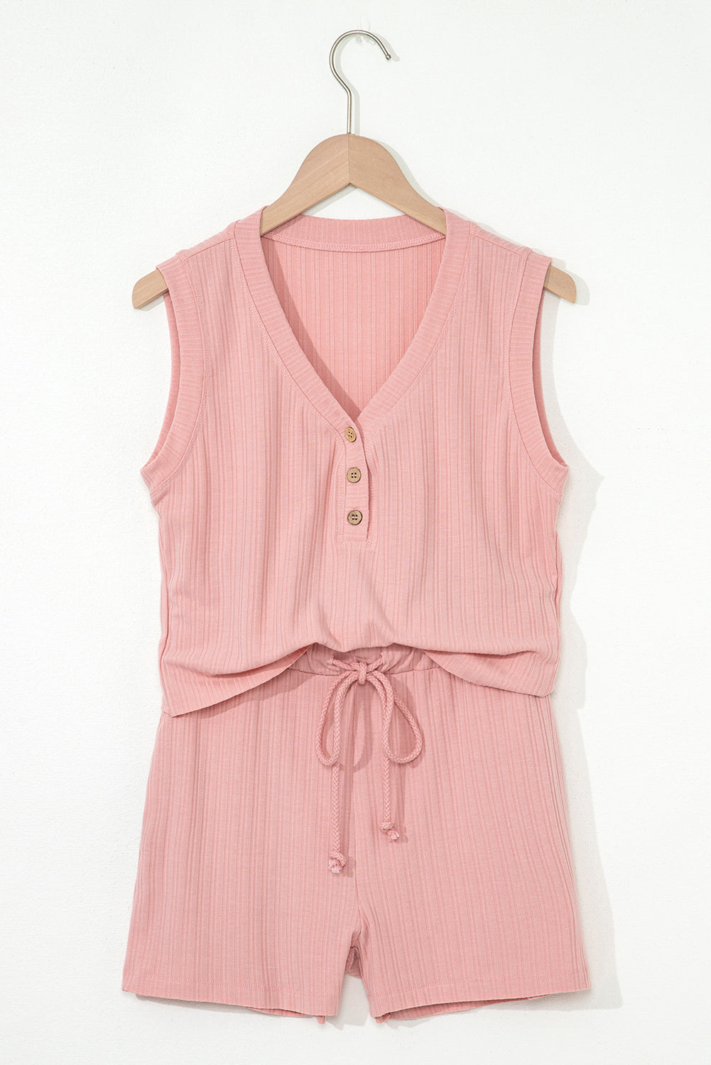 Linda Ribbed Button V Neck Set - Threaded Pear
