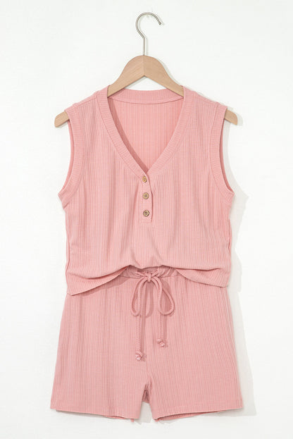 Linda Ribbed Button V Neck Set - Threaded Pear