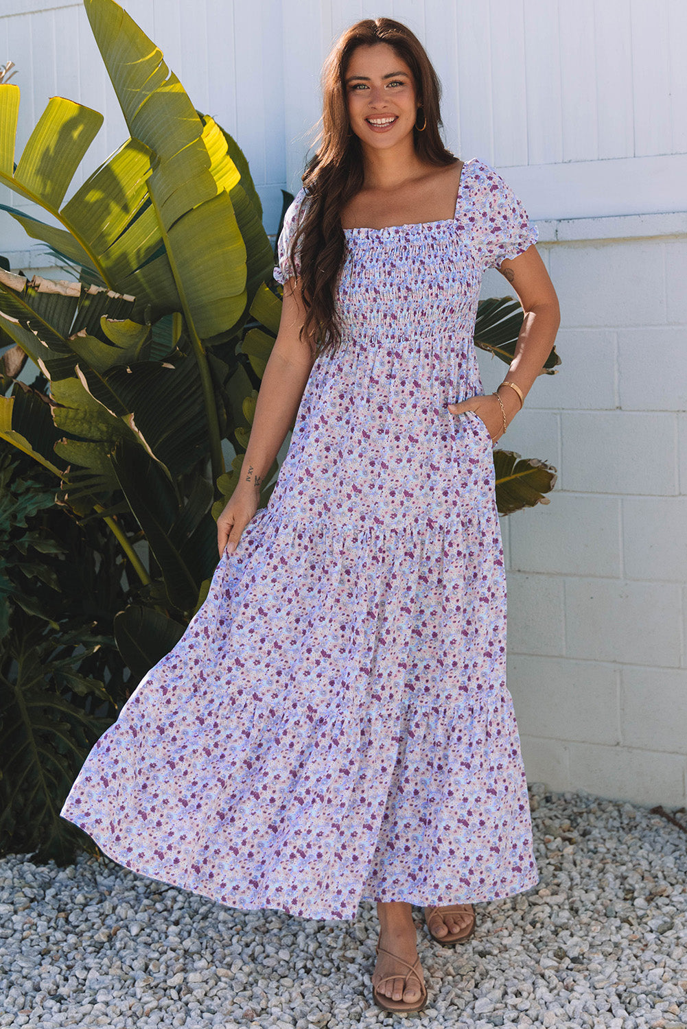 Lacey Floral Short Bubble Sleeve Maxi Dress - Threaded Pear