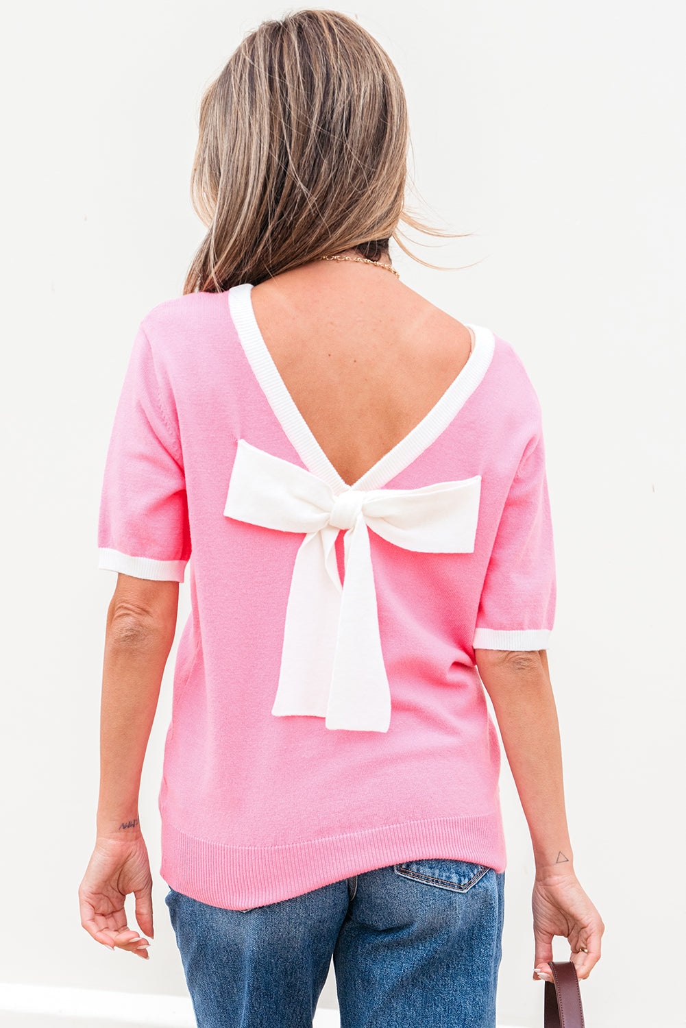 Mercy Bow V-Shape Cut Back Short Sleeve Sweater - Threaded Pear