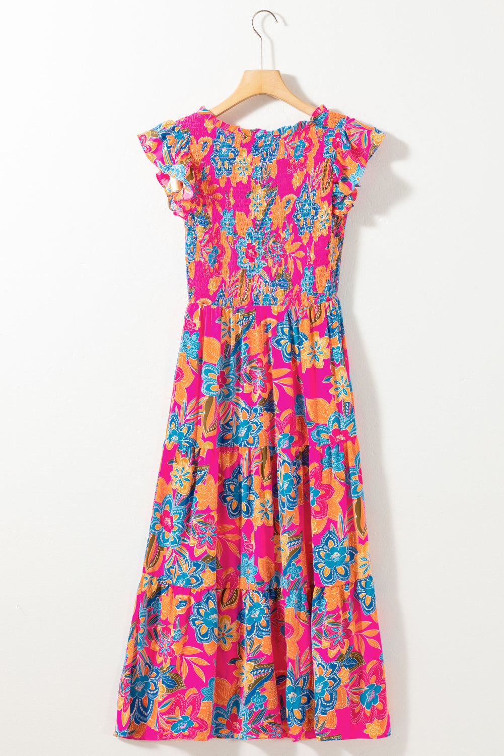Kamari Boho Floral V Neck Ruffle Tiered Long Dress - Threaded Pear