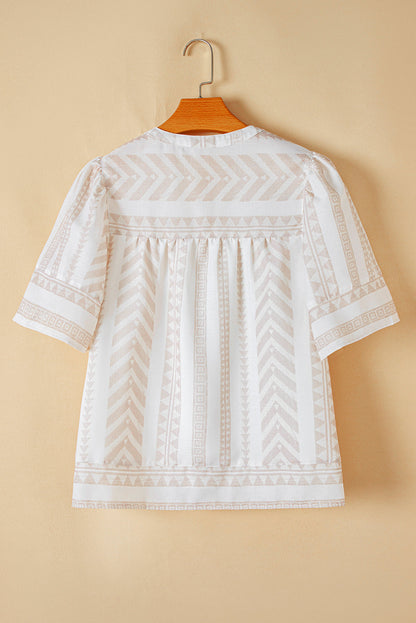 Analia Jacquard Split V Neck Short Sleeve Blouse - Threaded Pear