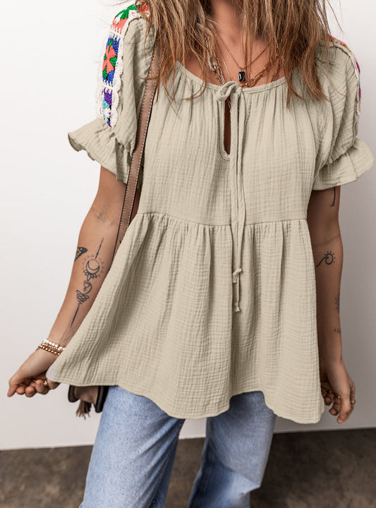 Milana Crinkle Embroidered Patched Bubble Sleeve Tied Neck Blouse - The Gold Cactus