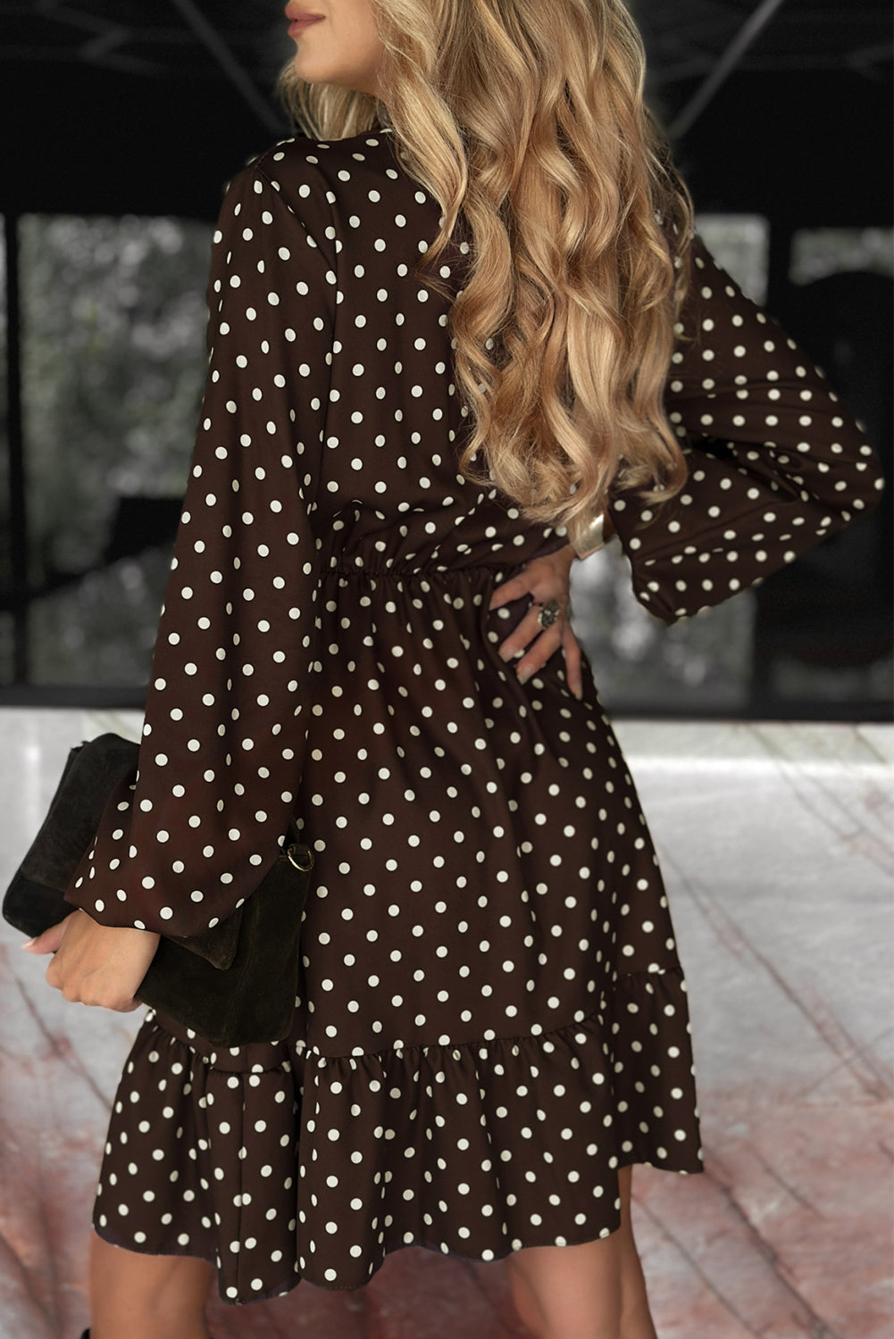 Kennedy Coffee Polka Dot Long Sleeve Mini Dress