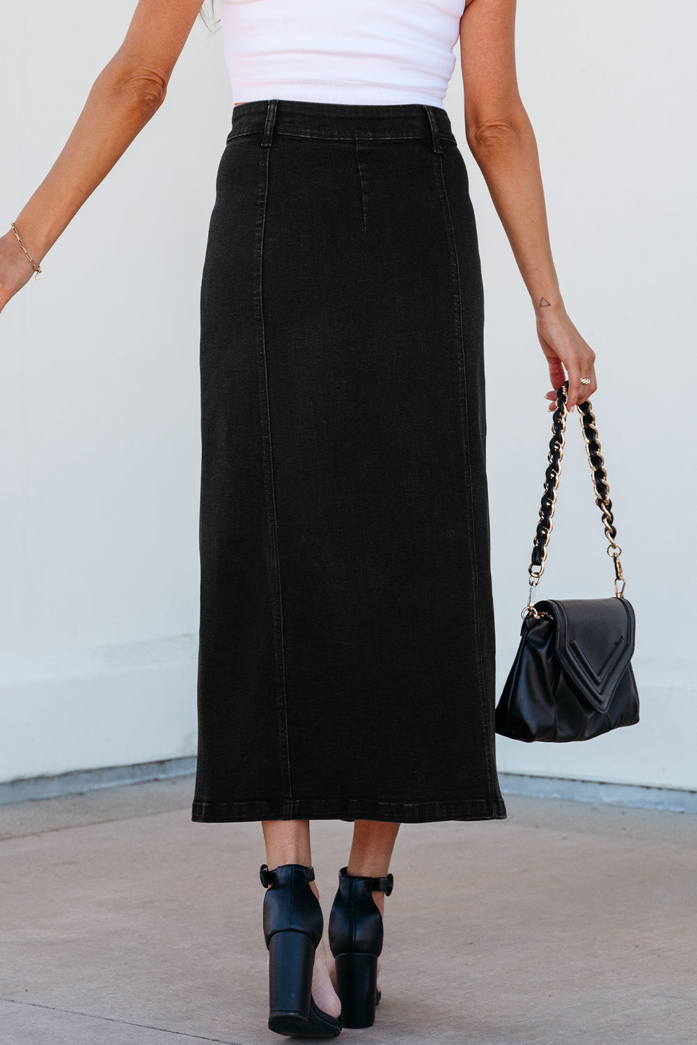 Emberlynn Button Fly Side Split High Waist Denim Midi Skirt - Threaded Pear