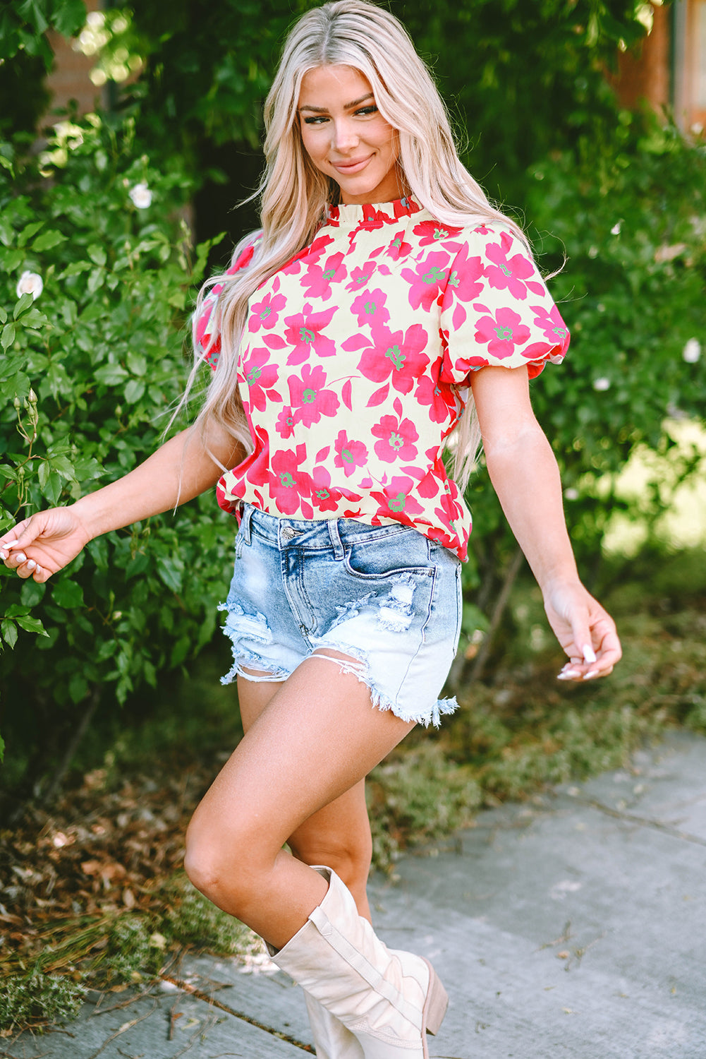 Elyse Floral Puff Sleeve Frilled Neckline Blouse