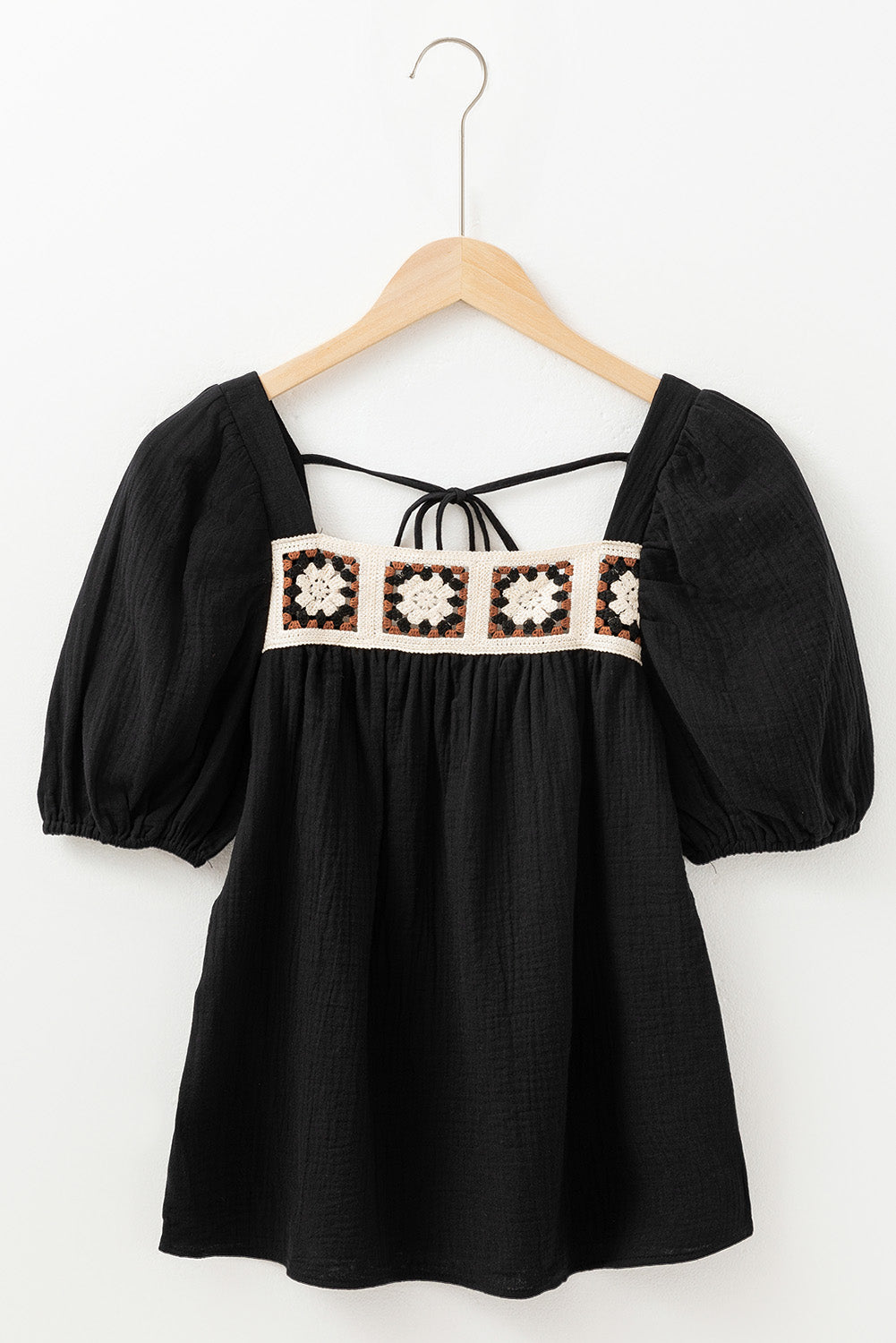 DAVINA CROCHET SQUARE NECK TEXTURED SHORT SLEEVE BLOUSE - Threaded Pear
