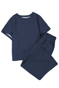 Black Textured Loose Fit T Shirt and Drawstring Pants Set - The Gold Cactus