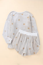 Load image into Gallery viewer, White Plush Star Pattern Long Sleeve Pullover and Shorts Lounge Set - The Gold Cactus

