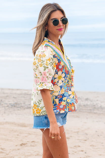 Gwen Crochet V Neck Boho Floral Blouse - Threaded Pear