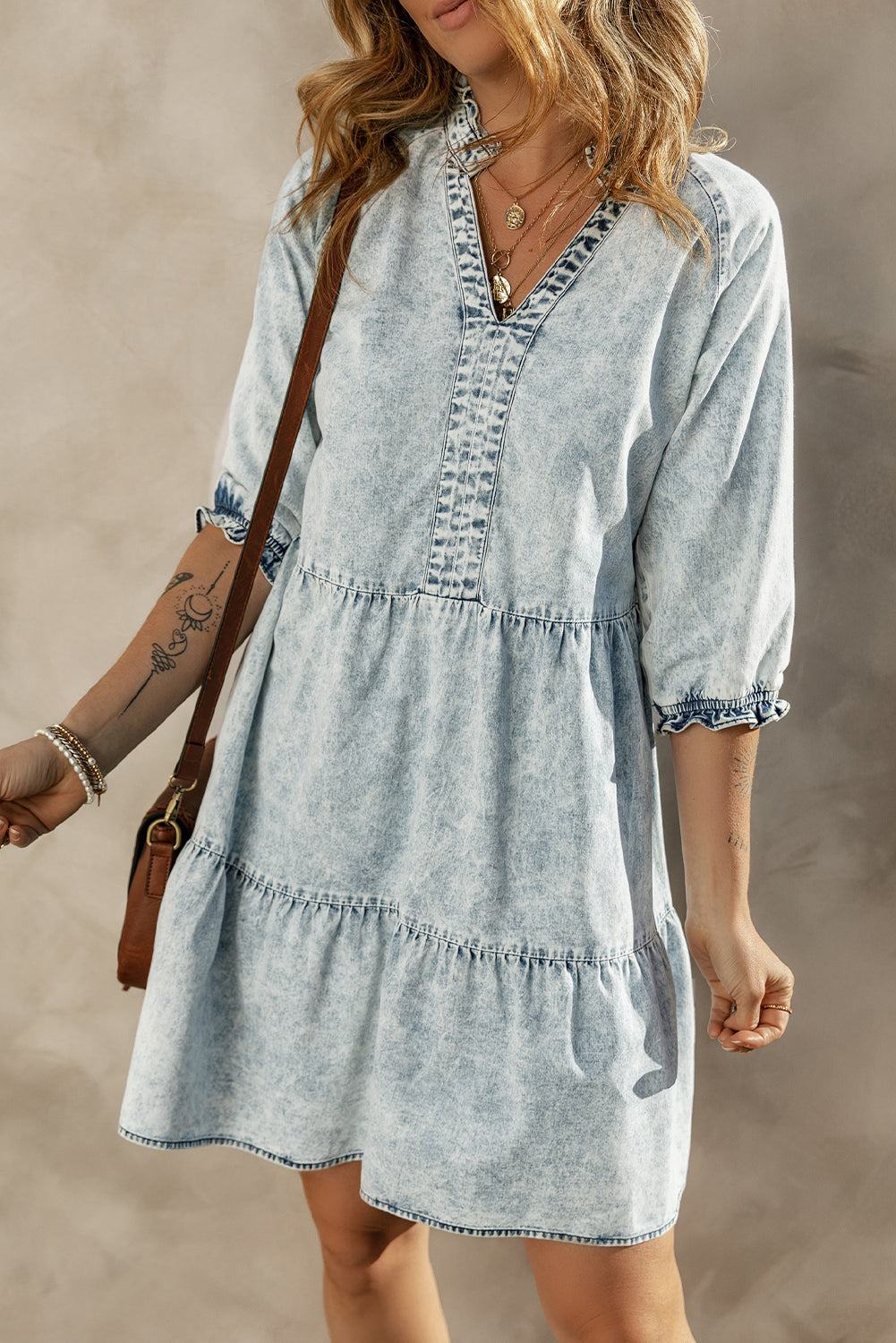 Zaylee Acid Wash Retro Half Sleeve Flared Denim Dress - Threaded Pear