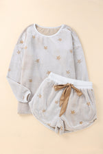 Load image into Gallery viewer, White Plush Star Pattern Long Sleeve Pullover and Shorts Lounge Set - The Gold Cactus
