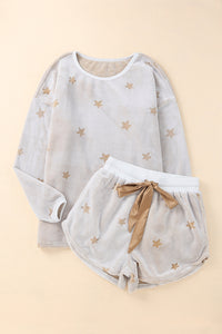 White Plush Star Pattern Long Sleeve Pullover and Shorts Lounge Set - The Gold Cactus