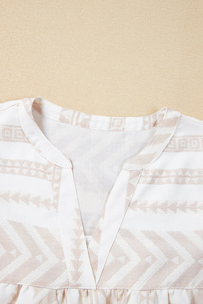 Analia Jacquard Split V Neck Short Sleeve Blouse - Threaded Pear