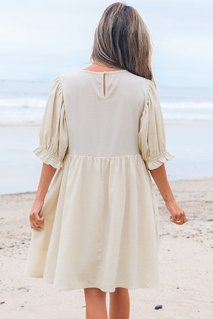 Dania Textured Ruffled Puff Sleeve Loose Dress - Threaded Pear