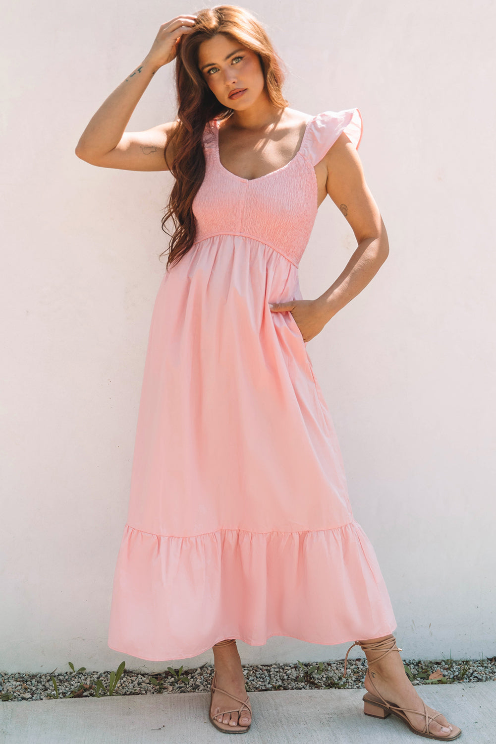 Ashlyn Flutter Sleeve Smocked Bodice Maxi Dress - Threaded Pear