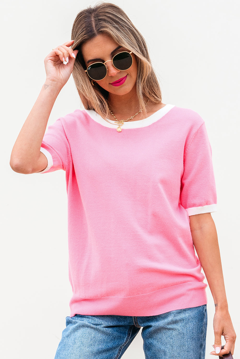Mercy Bow V-Shape Cut Back Short Sleeve Sweater - Threaded Pear