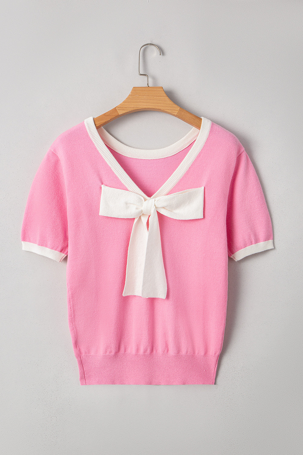 Mercy Bow V-Shape Cut Back Short Sleeve Sweater - Threaded Pear