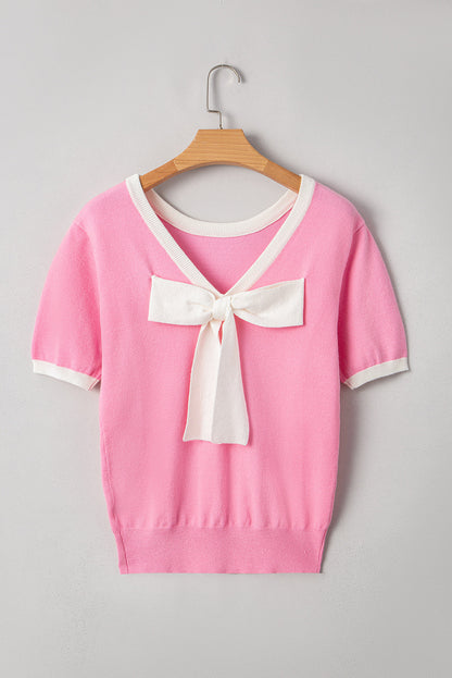Mercy Bow V-Shape Cut Back Short Sleeve Sweater - Threaded Pear