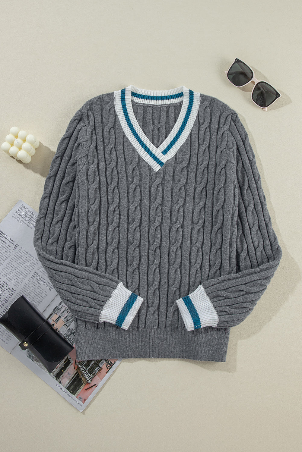 Kayle Ribbed Edge Cable Knit V Neck Sweater