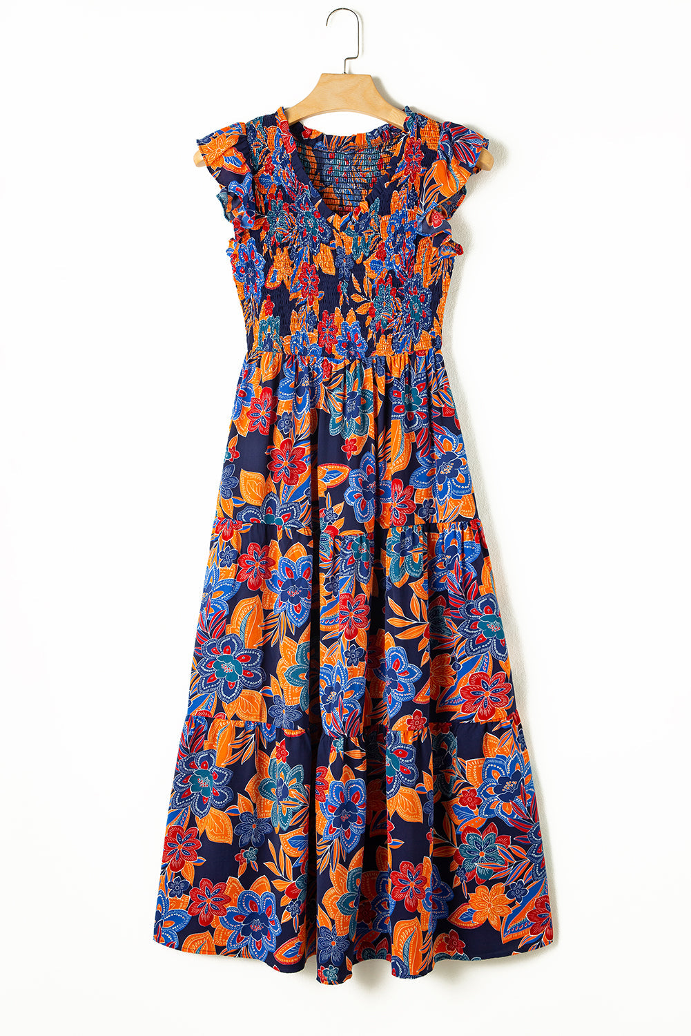 Kamari Boho Floral V Neck Ruffle Tiered Long Dress - Threaded Pear