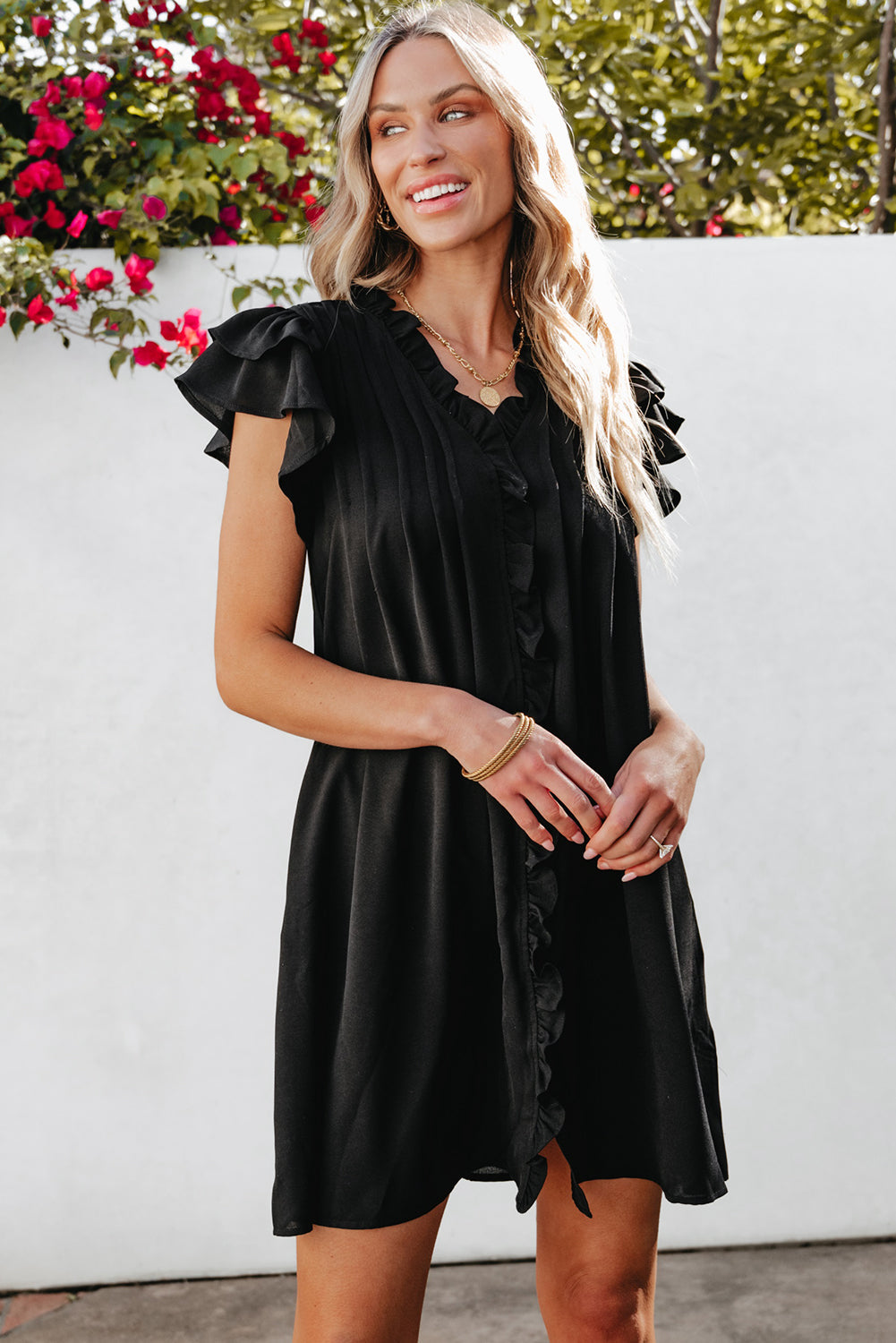 Pearl Ruffle Sleeve V Neck Frilled Shift Dress - Threaded Pear