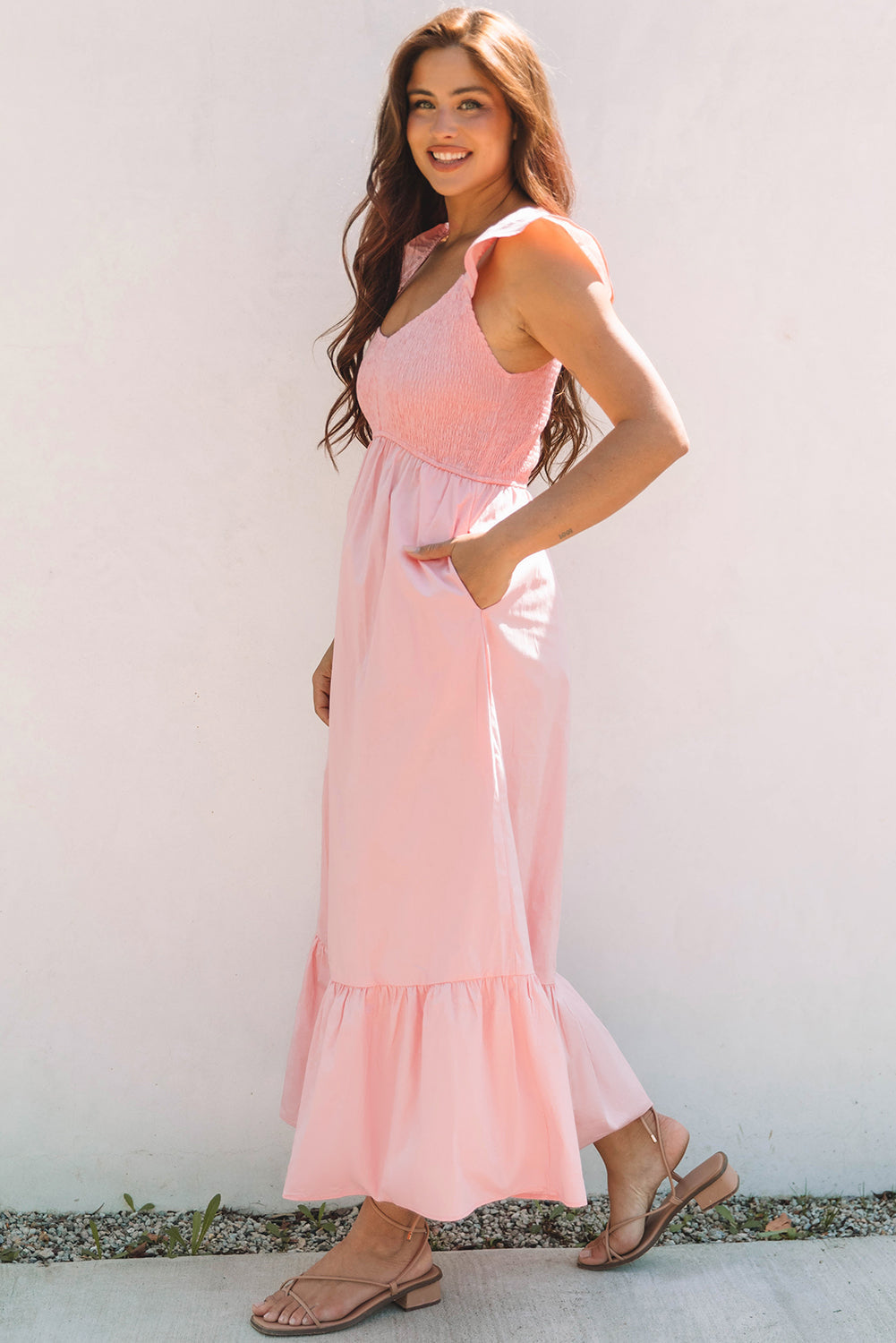 Ashlyn Flutter Sleeve Smocked Bodice Maxi Dress - Threaded Pear