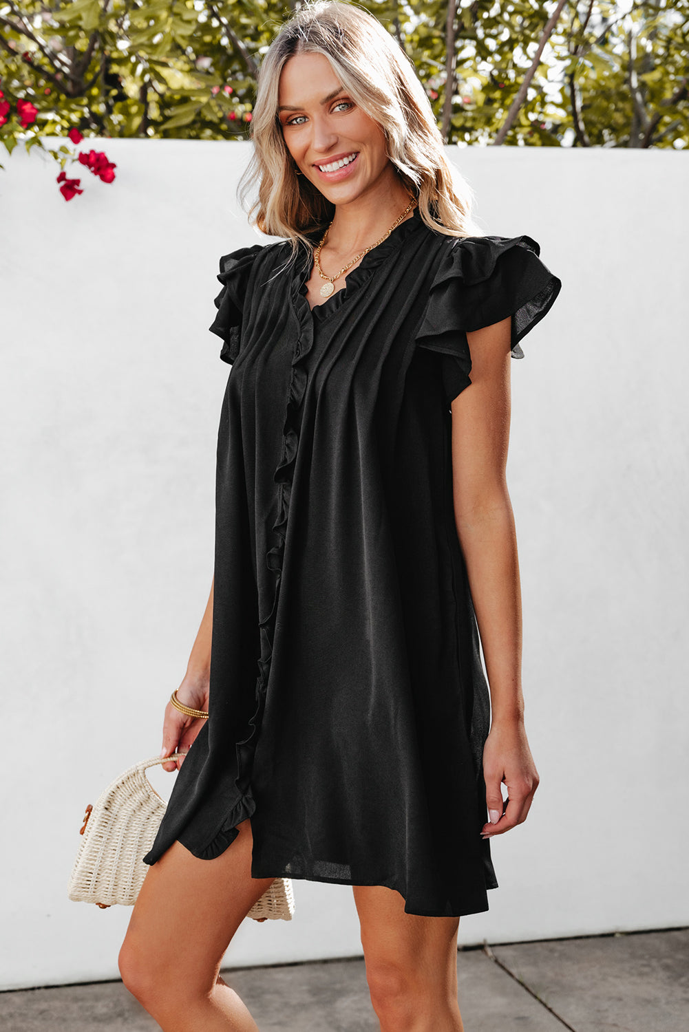 Pearl Ruffle Sleeve V Neck Frilled Shift Dress - Threaded Pear