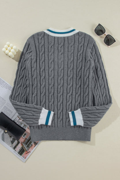 Kayle Ribbed Edge Cable Knit V Neck Sweater