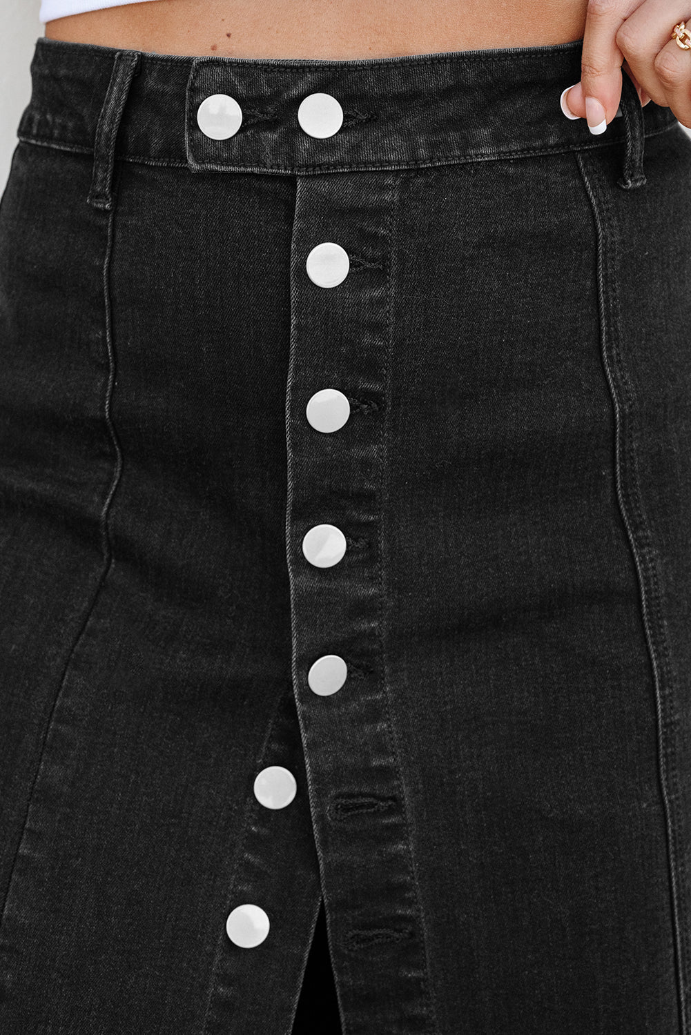 Emberlynn Button Fly Side Split High Waist Denim Midi Skirt - Threaded Pear