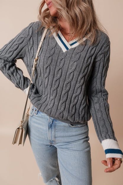 Kayle Ribbed Edge Cable Knit V Neck Sweater