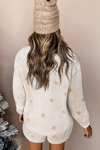 White Plush Star Pattern Long Sleeve Pullover and Shorts Lounge Set - The Gold Cactus