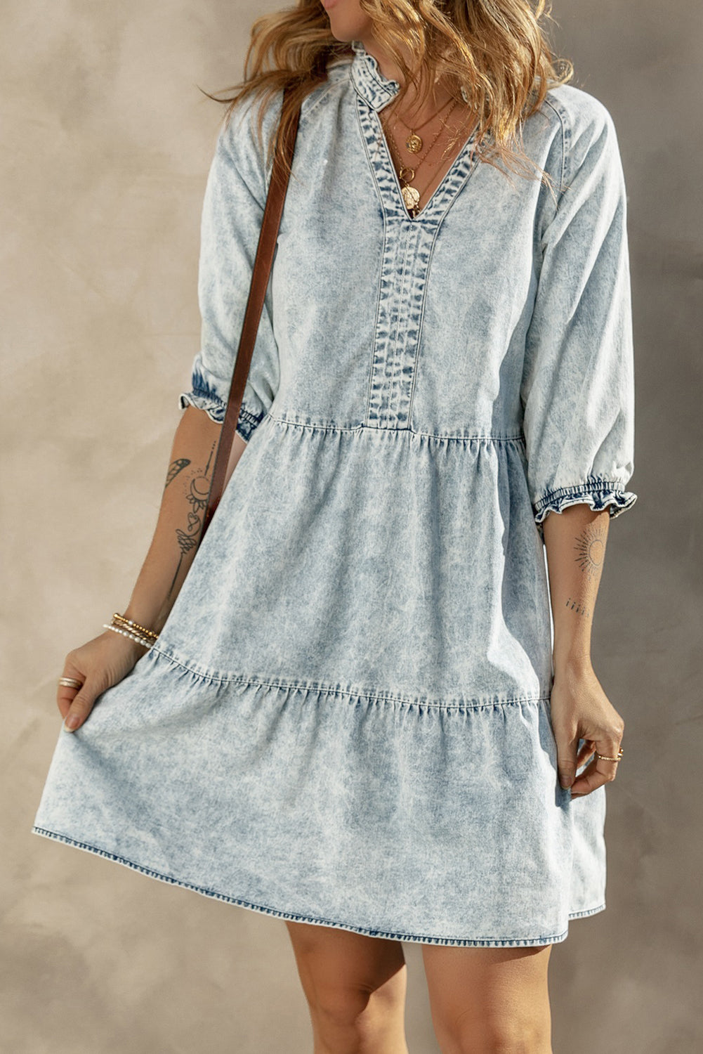 Zaylee Acid Wash Retro Half Sleeve Flared Denim Dress - Threaded Pear