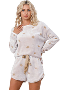 White Plush Star Pattern Long Sleeve Pullover and Shorts Lounge Set - The Gold Cactus