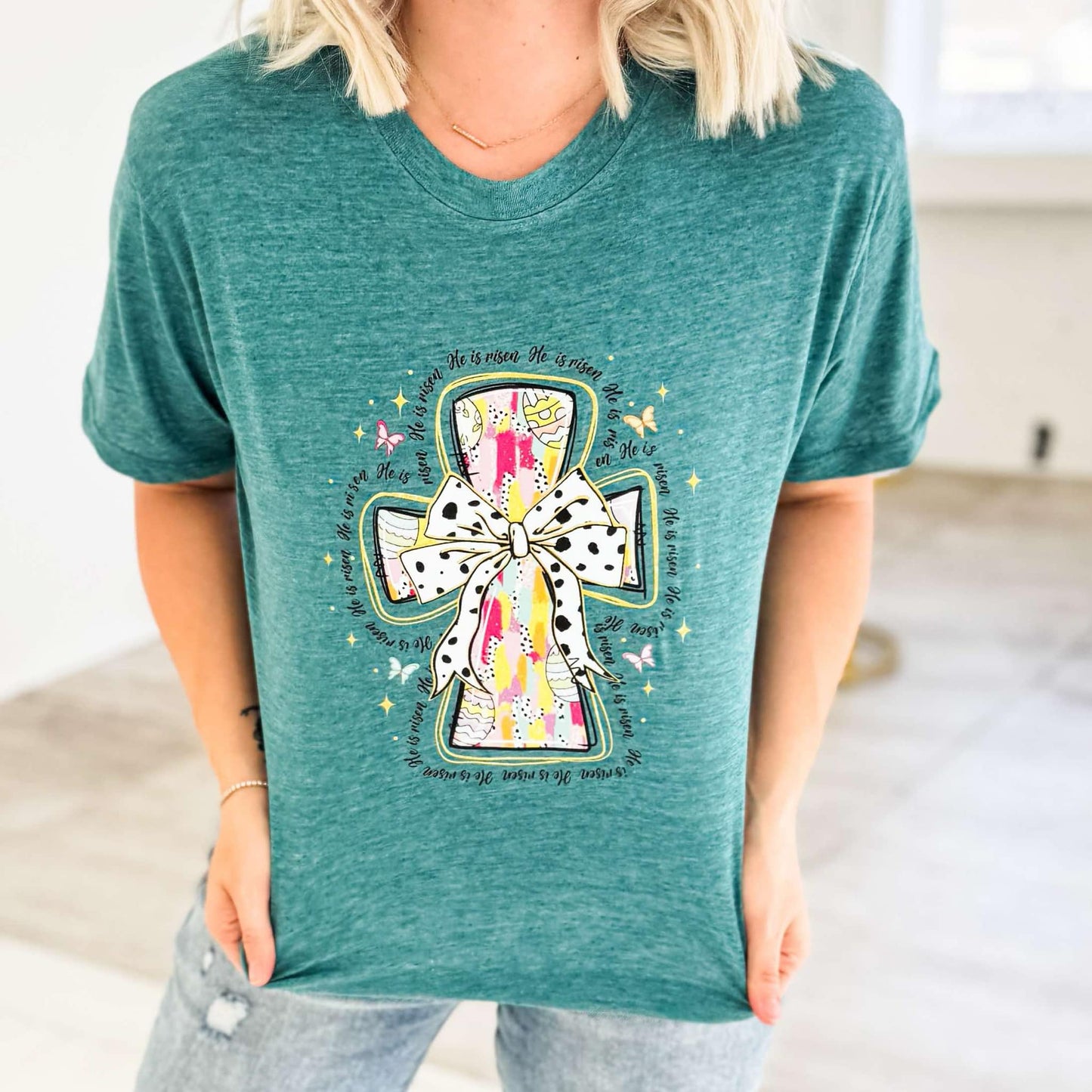 He Is Risen Cross Easter Egg Graphic Tee