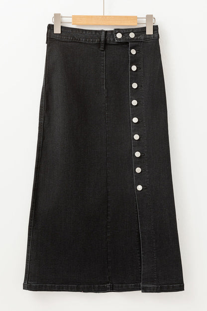 Emberlynn Button Fly Side Split High Waist Denim Midi Skirt - Threaded Pear