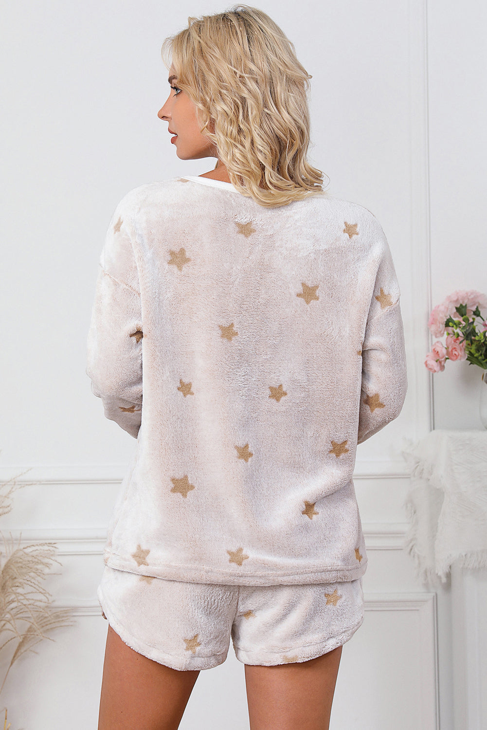 White Plush Star Pattern Long Sleeve Pullover and Shorts Lounge Set - The Gold Cactus