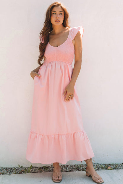 Ashlyn Flutter Sleeve Smocked Bodice Maxi Dress - Threaded Pear