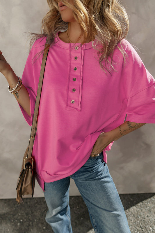 Aliana Exposed Seam Button Neck Wide Sleeve Tunic Top - The Gold Cactus