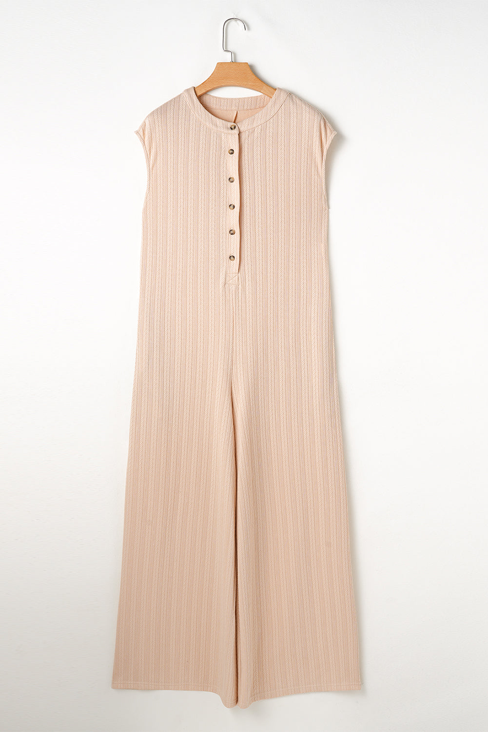 Textured Buttoned Wide Leg Sleeveless Jumpsuit - Threaded Pear