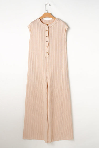 Textured Buttoned Wide Leg Sleeveless Jumpsuit - Threaded Pear
