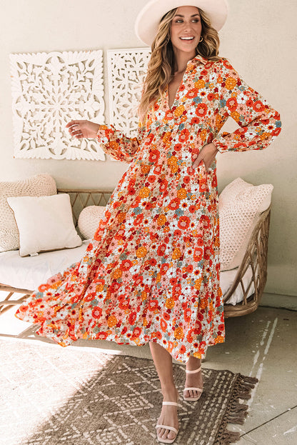 Barbara Floral Collared Long Sleeve Ruffled Dress