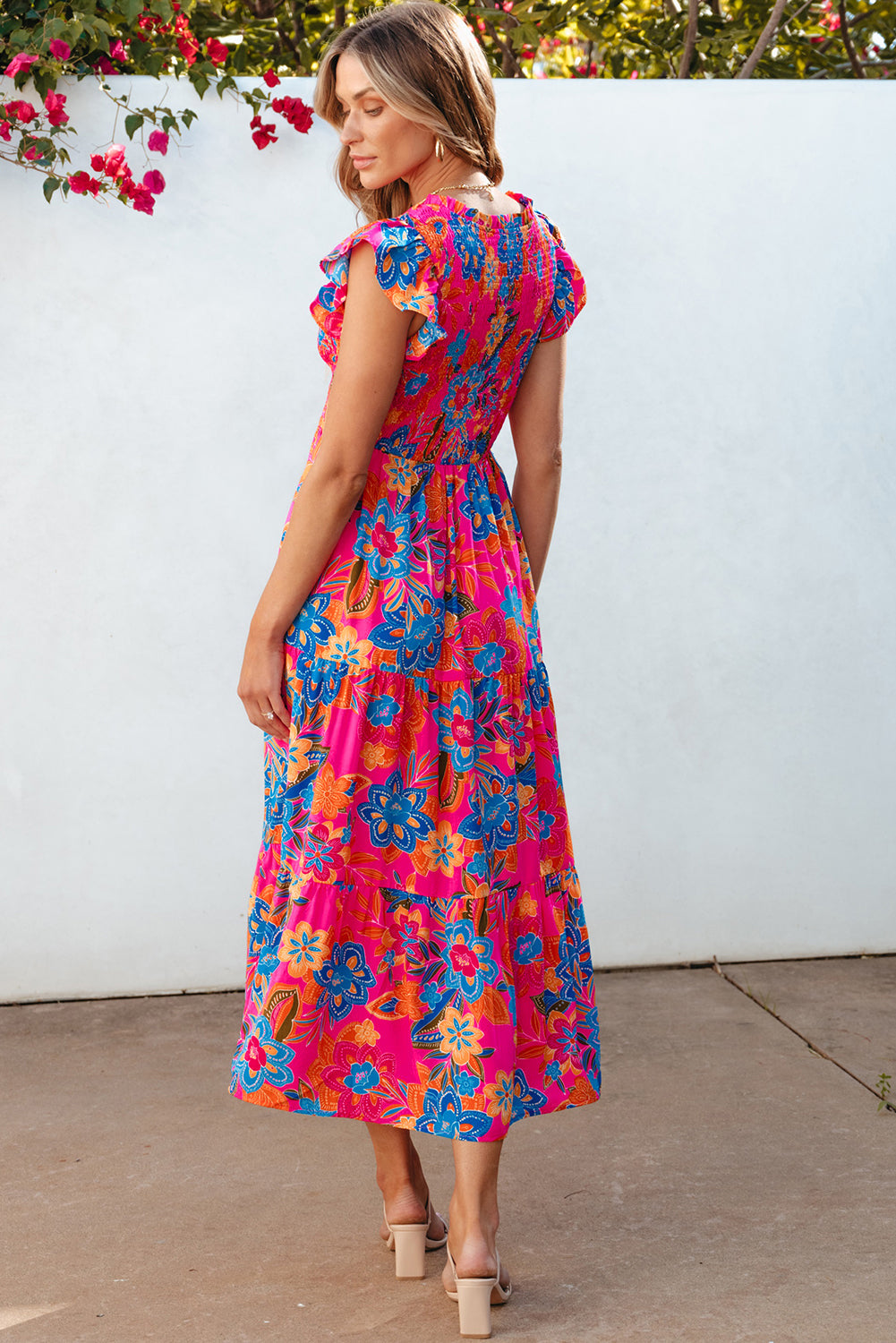 Kamari Boho Floral V Neck Ruffle Tiered Long Dress - Threaded Pear