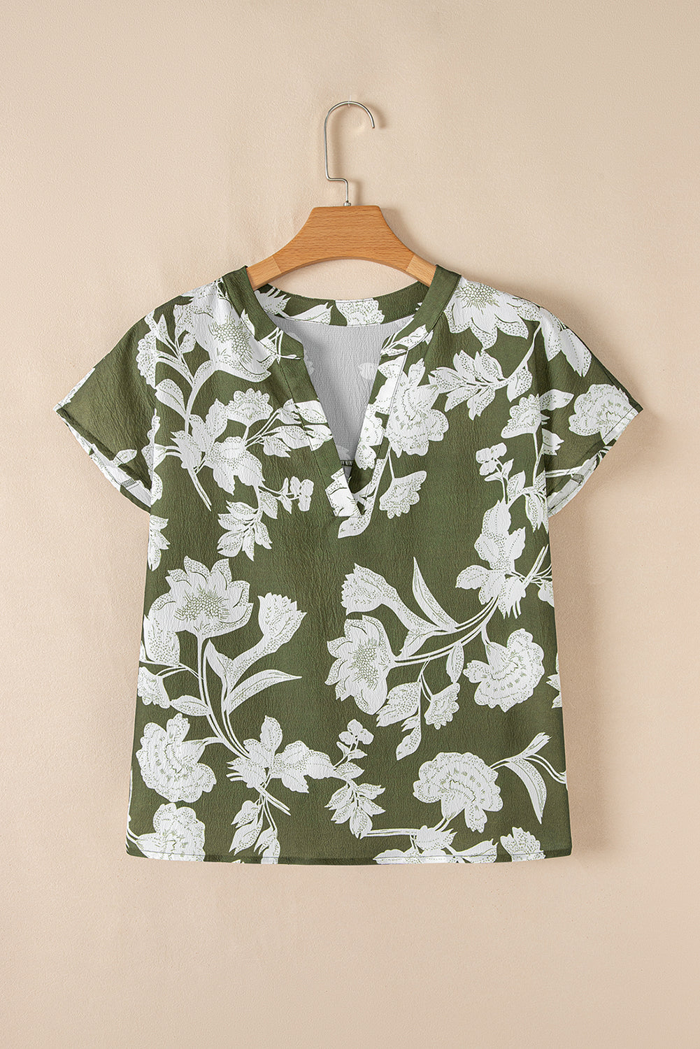 Floral Split Neck Short Sleeve Blouse - Threaded Pear